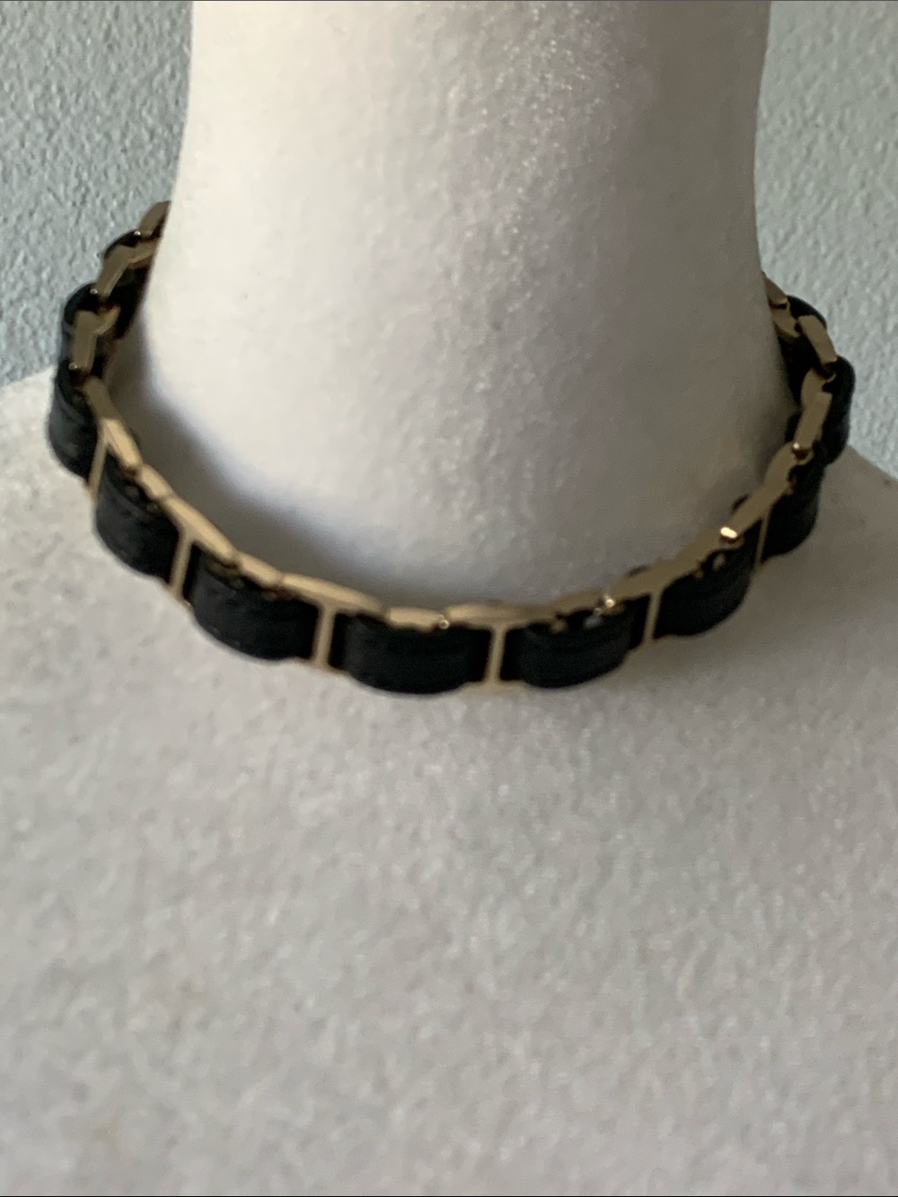 Gold and Black Leather Chain-Link Choker Necklace - Women's Fashion Jewelry